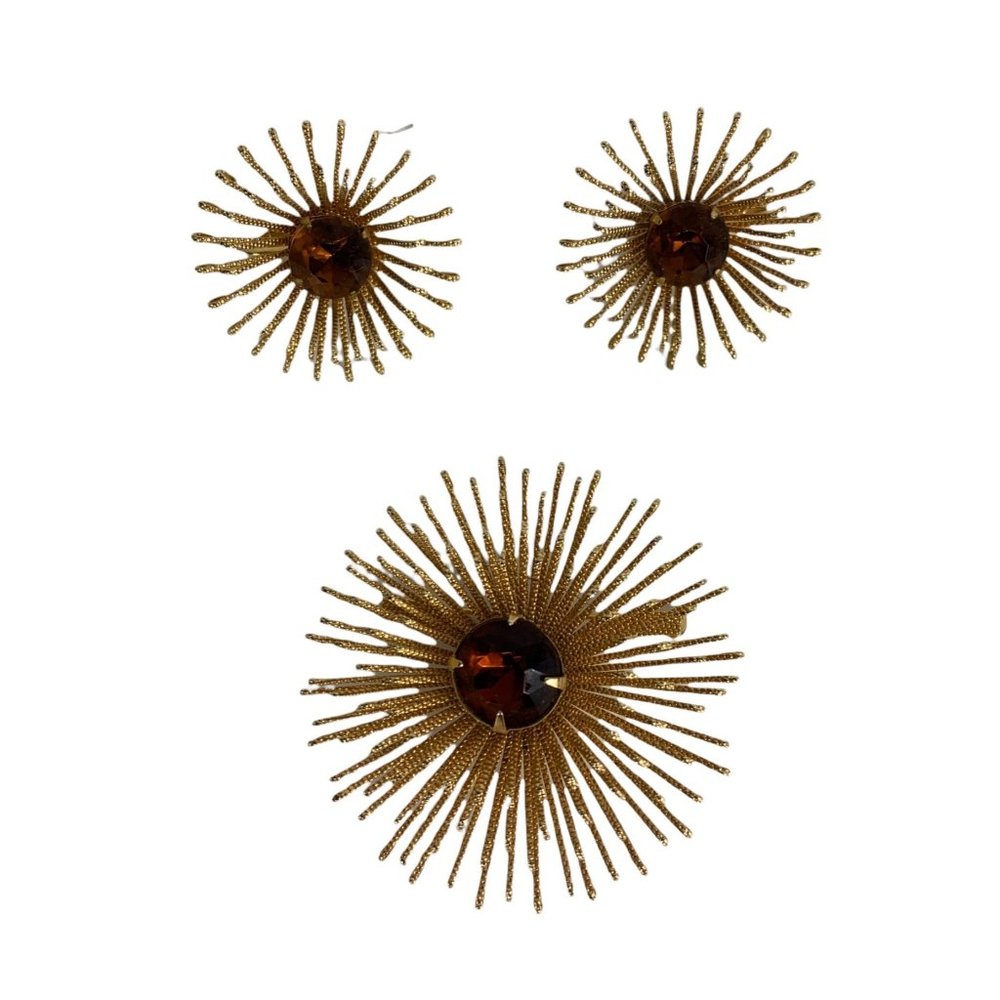 Sarah Coventry Vintage Starburst Brooch Earrings Set 1969 Costume Gold Amber